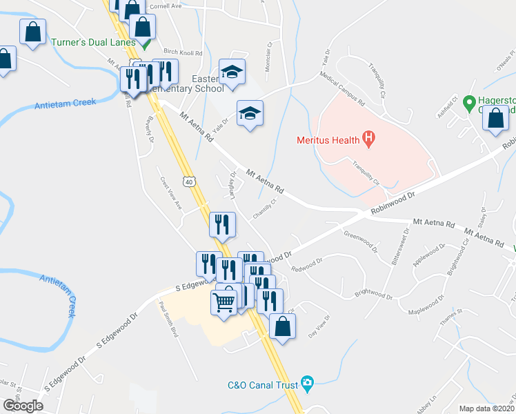 map of restaurants, bars, coffee shops, grocery stores, and more near 131 Chantilly Court in Hagerstown