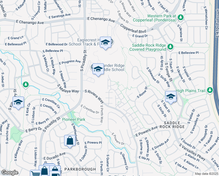map of restaurants, bars, coffee shops, grocery stores, and more near 5367 South Picadilly Way in Aurora