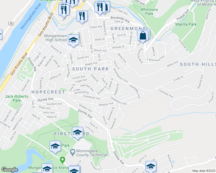 map of restaurants, bars, coffee shops, grocery stores, and more near 247 Franklin Street in Morgantown