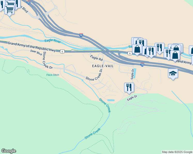 map of restaurants, bars, coffee shops, grocery stores, and more near 177 Stone Creek Drive in Avon