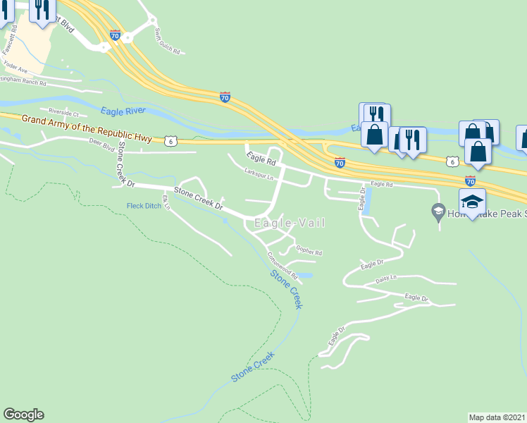 map of restaurants, bars, coffee shops, grocery stores, and more near 177 Stone Creek Drive in Avon