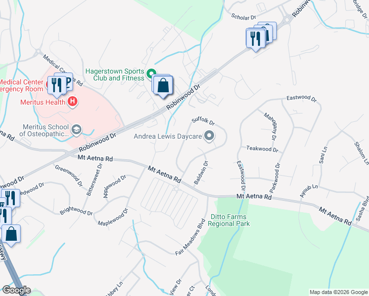 map of restaurants, bars, coffee shops, grocery stores, and more near 11246 Suffolk Drive in Hagerstown