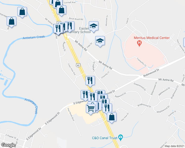 map of restaurants, bars, coffee shops, grocery stores, and more near 1603 Langley Drive in Hagerstown