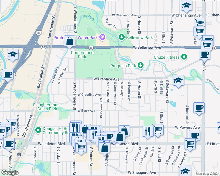 map of restaurants, bars, coffee shops, grocery stores, and more near 5358 South Foresthill Street in Littleton