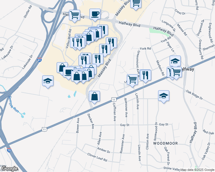 map of restaurants, bars, coffee shops, grocery stores, and more near 17316 Evergreen Drive in Hagerstown