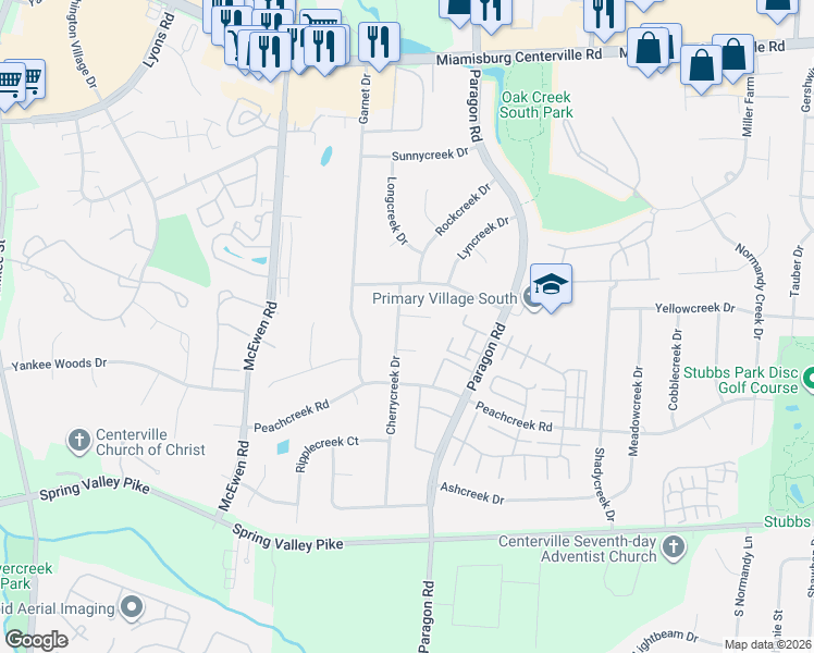 map of restaurants, bars, coffee shops, grocery stores, and more near 8331 Cherrycreek Drive in Dayton