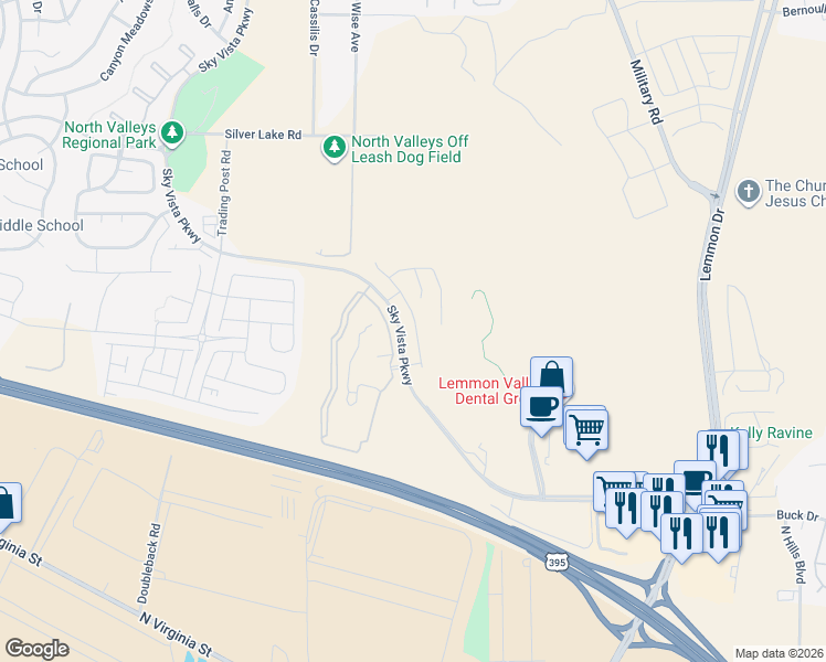 map of restaurants, bars, coffee shops, grocery stores, and more near 7711 Sky Vista Parkway in Reno
