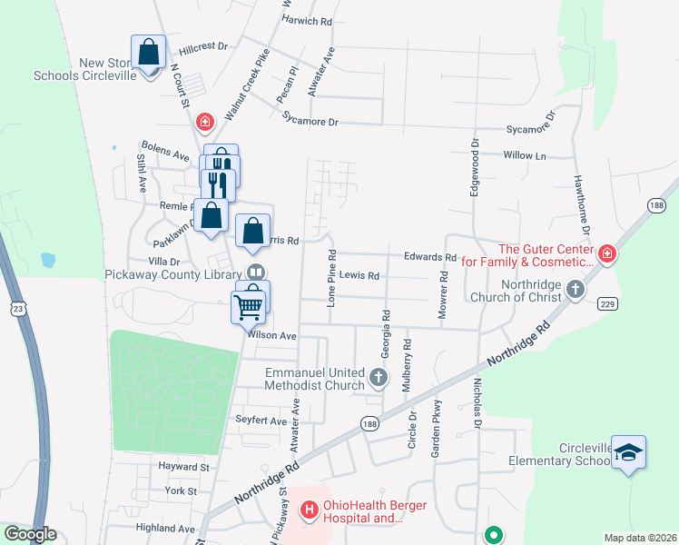 map of restaurants, bars, coffee shops, grocery stores, and more near 224 Lewis Road in Circleville
