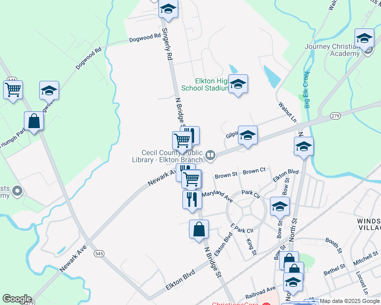 map of restaurants, bars, coffee shops, grocery stores, and more near 802 North Bridge Street in Elkton