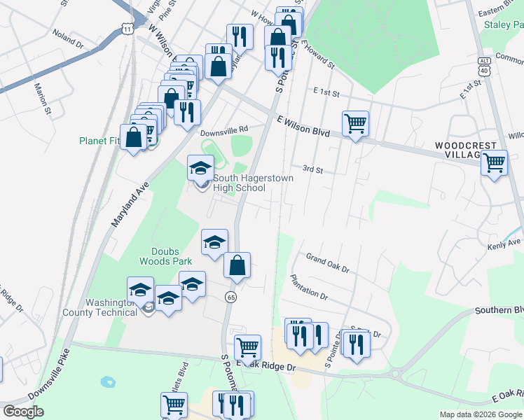 map of restaurants, bars, coffee shops, grocery stores, and more near 9 4th Street in Hagerstown
