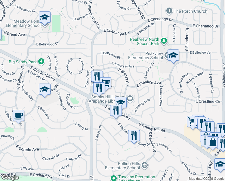 map of restaurants, bars, coffee shops, grocery stores, and more near 18555 East Smoky Hill Road in Centennial