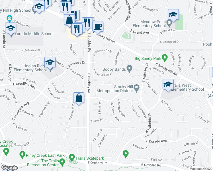 map of restaurants, bars, coffee shops, grocery stores, and more near 17154 East Prentice Drive in Centennial