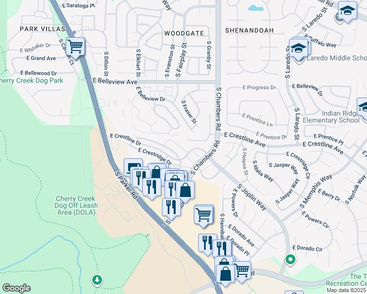 map of restaurants, bars, coffee shops, grocery stores, and more near 15020 East Poundstone Drive in Aurora