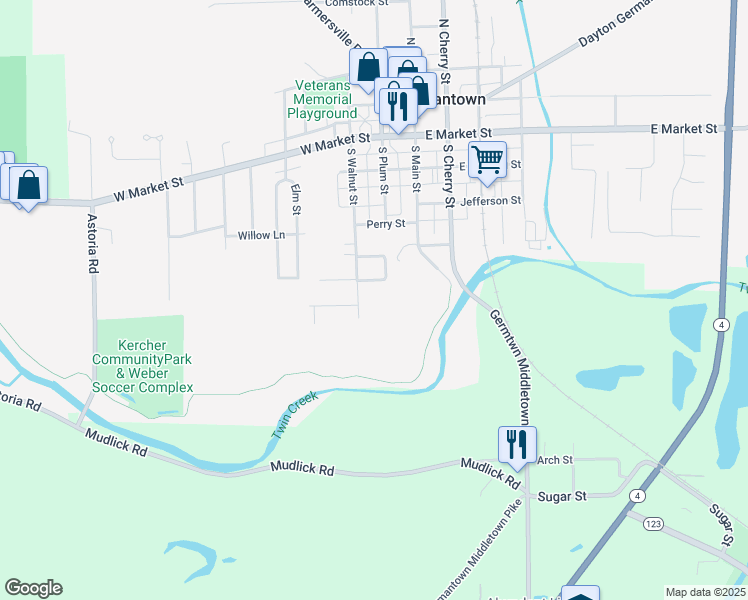 map of restaurants, bars, coffee shops, grocery stores, and more near 426 South Walnut Street in Germantown