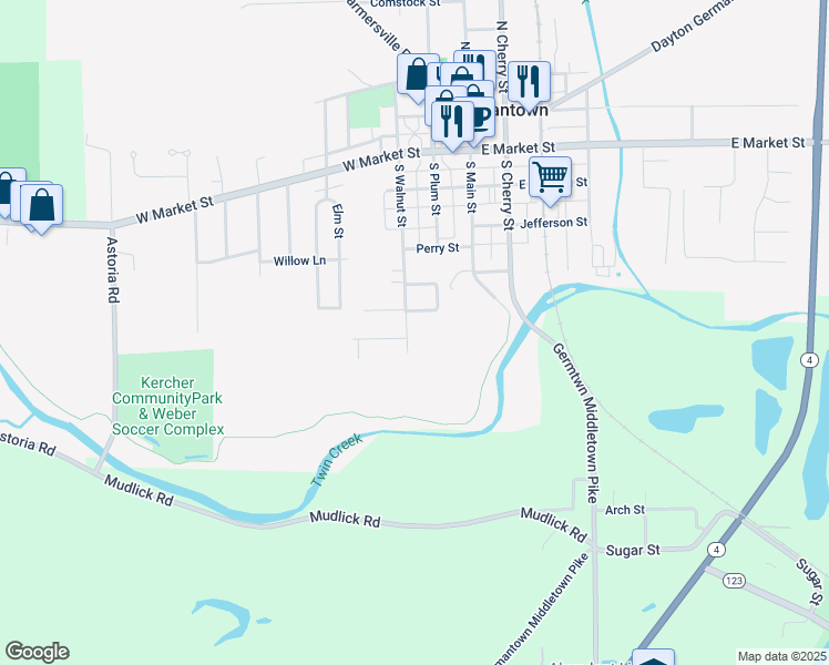 map of restaurants, bars, coffee shops, grocery stores, and more near 426 South Walnut Street in Germantown