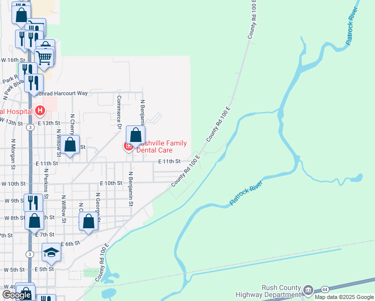 map of restaurants, bars, coffee shops, grocery stores, and more near 904 East 11th Street in Rushville