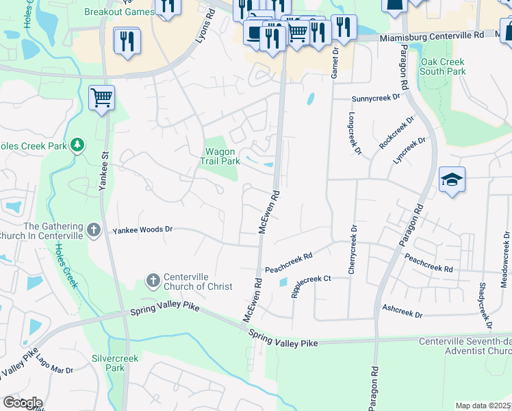 map of restaurants, bars, coffee shops, grocery stores, and more near 1147 Timbertrail Ct in Centerville