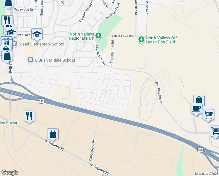 map of restaurants, bars, coffee shops, grocery stores, and more near 451 Astraea Trail in Reno