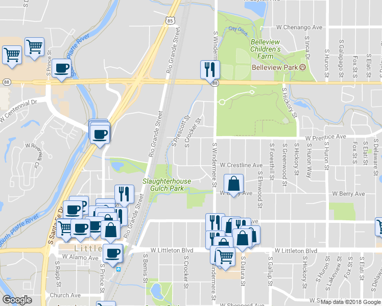 map of restaurants, bars, coffee shops, grocery stores, and more near 5356 South Crocker Street in Littleton