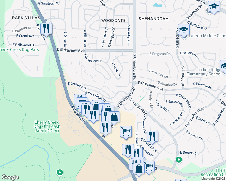 map of restaurants, bars, coffee shops, grocery stores, and more near 15020 East Poundstone Drive in Aurora