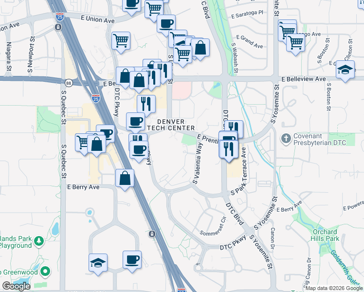 map of restaurants, bars, coffee shops, grocery stores, and more near 5335 South Valentia Way in Greenwood Village