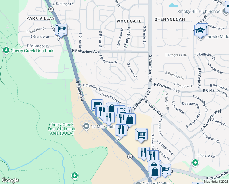 map of restaurants, bars, coffee shops, grocery stores, and more near 14872 East Poundstone Drive in Aurora