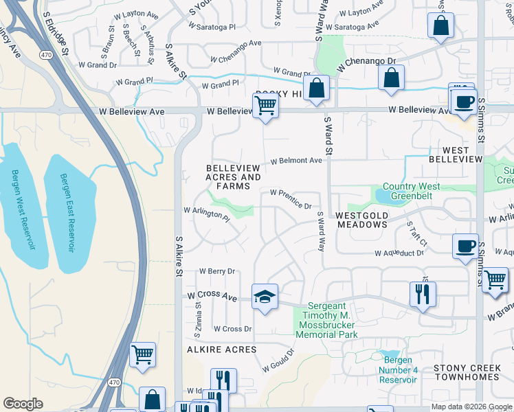 map of restaurants, bars, coffee shops, grocery stores, and more near 5359 South Xenophon Way in Littleton