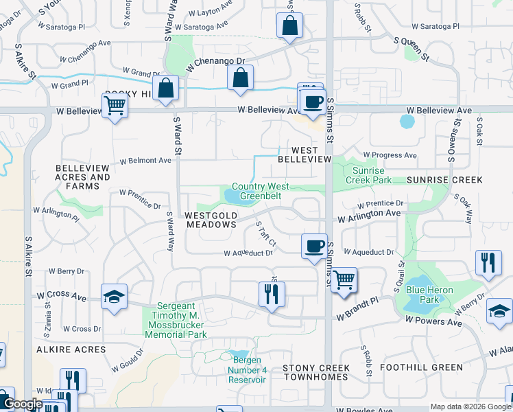 map of restaurants, bars, coffee shops, grocery stores, and more near 5354 South Taft Court in Littleton