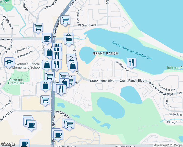 map of restaurants, bars, coffee shops, grocery stores, and more near 7385 West Grant Ranch Boulevard in Littleton