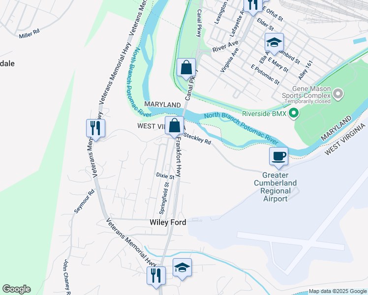 map of restaurants, bars, coffee shops, grocery stores, and more near 127 Frankfort Highway in Wiley Ford