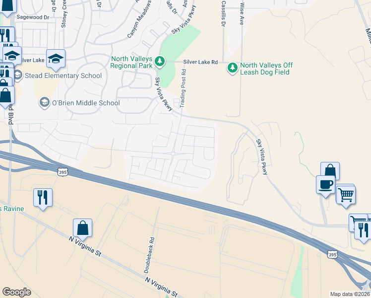 map of restaurants, bars, coffee shops, grocery stores, and more near 512 Aurora View DR in Reno