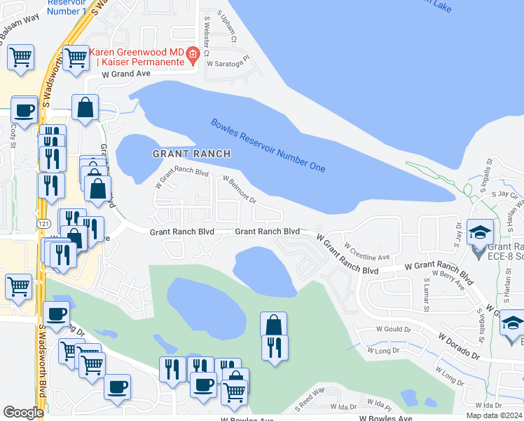 map of restaurants, bars, coffee shops, grocery stores, and more near 7070 W Belmont Dr in Lakewood