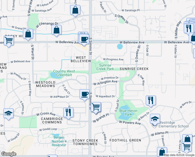 map of restaurants, bars, coffee shops, grocery stores, and more near 11501 West Prentice Drive in Littleton