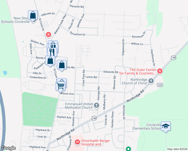 map of restaurants, bars, coffee shops, grocery stores, and more near 270 Lewis Road in Circleville