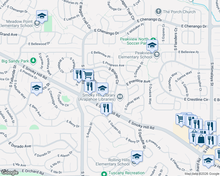 map of restaurants, bars, coffee shops, grocery stores, and more near 5399 South Bahama Court in Centennial