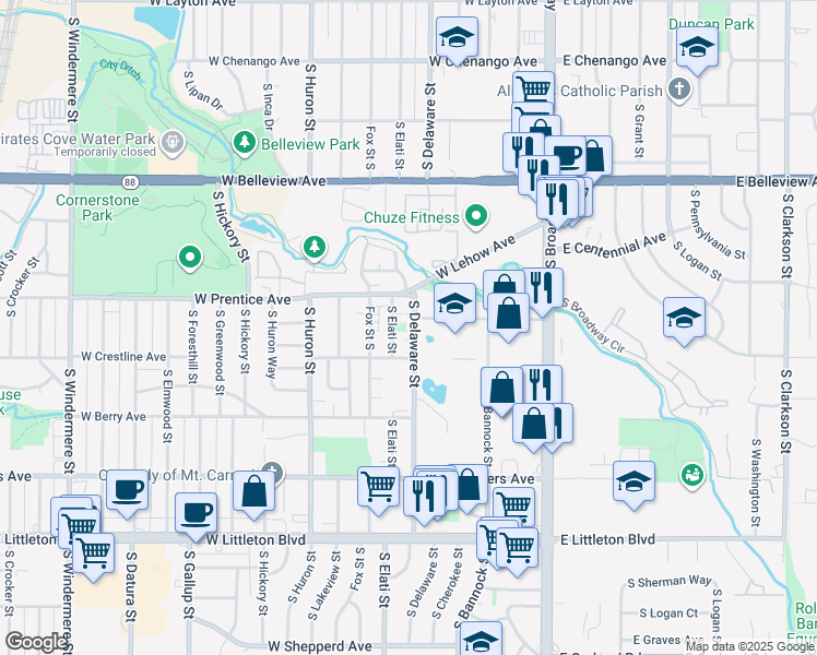 map of restaurants, bars, coffee shops, grocery stores, and more near 5360 South Elati Street in Littleton