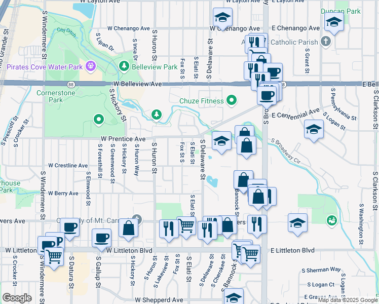 map of restaurants, bars, coffee shops, grocery stores, and more near 5360 South Elati Street in Littleton