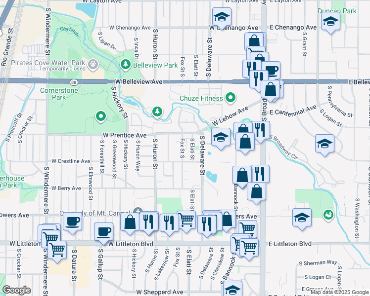 map of restaurants, bars, coffee shops, grocery stores, and more near 5347 South Fox Street in Littleton