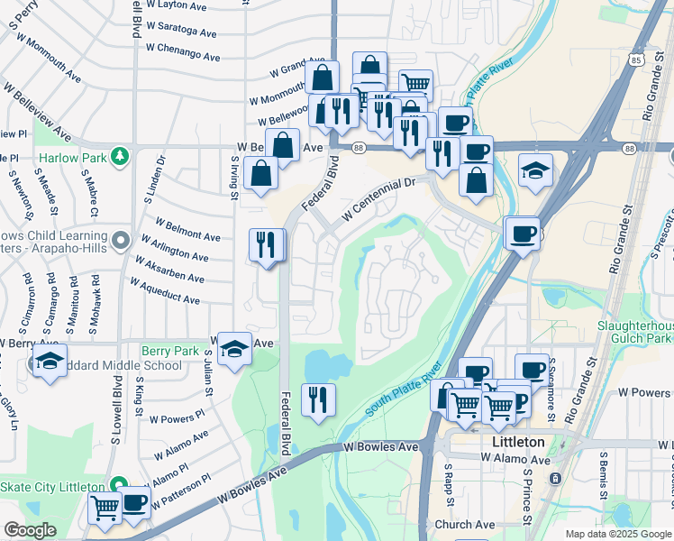 map of restaurants, bars, coffee shops, grocery stores, and more near 2940 West Centennial Drive in Littleton