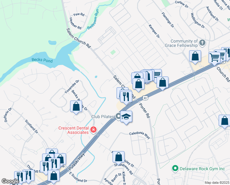 map of restaurants, bars, coffee shops, grocery stores, and more near 877 Salem Church Road in Newark