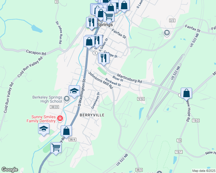 map of restaurants, bars, coffee shops, grocery stores, and more near 230 Johnsons Mill Road in Berkeley Springs