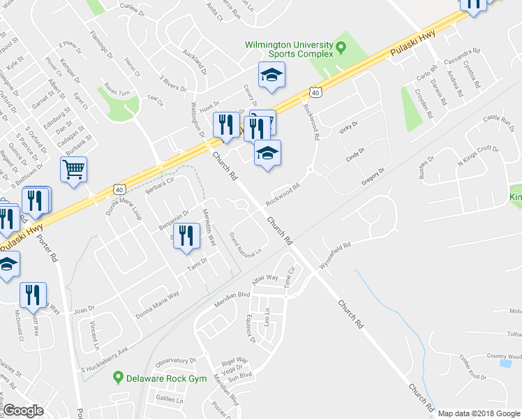 map of restaurants, bars, coffee shops, grocery stores, and more near 1100 Church Road in Newark
