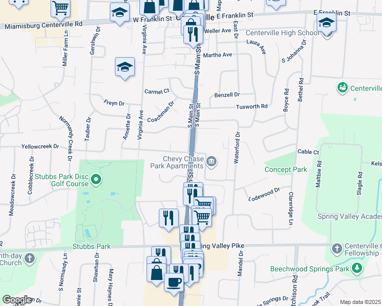 map of restaurants, bars, coffee shops, grocery stores, and more near 349 S Main St in Dayton