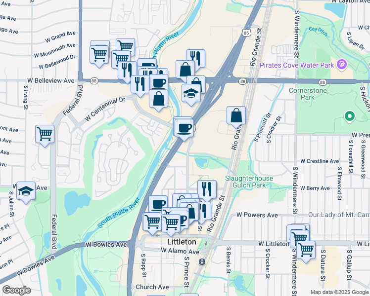 map of restaurants, bars, coffee shops, grocery stores, and more near 5350 West Crestline Avenue in Littleton