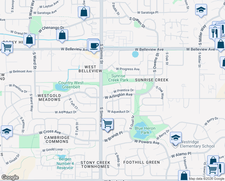 map of restaurants, bars, coffee shops, grocery stores, and more near 11501 West Prentice Drive in Littleton