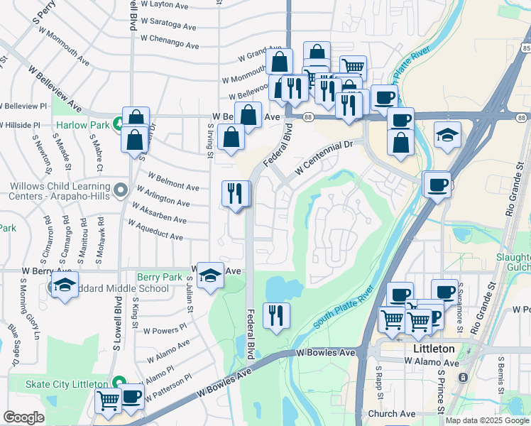 map of restaurants, bars, coffee shops, grocery stores, and more near 2957 West Centennial Drive in Littleton