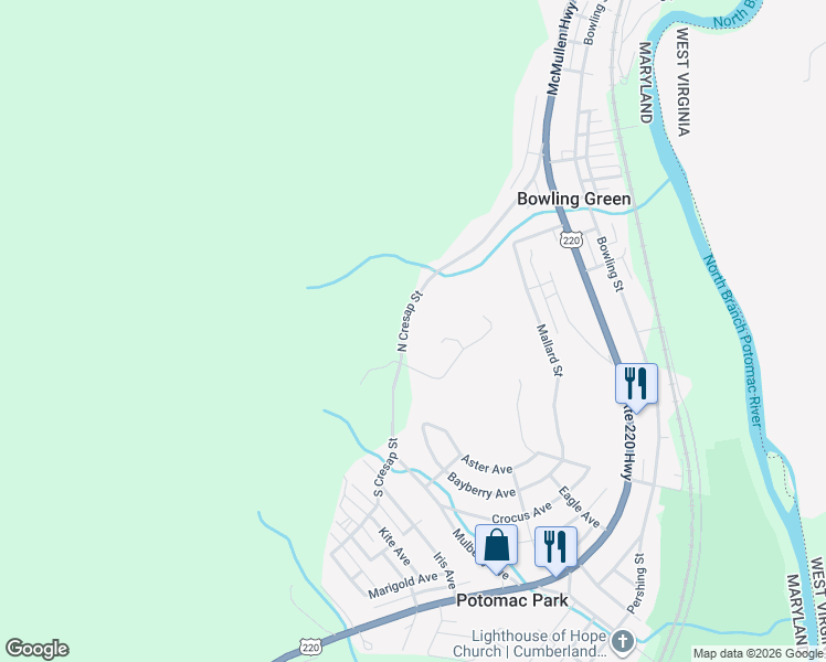 map of restaurants, bars, coffee shops, grocery stores, and more near 12810 North Cresap Street in Cumberland