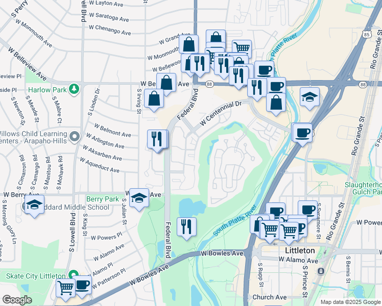 map of restaurants, bars, coffee shops, grocery stores, and more near 2940 West Centennial Drive in Littleton