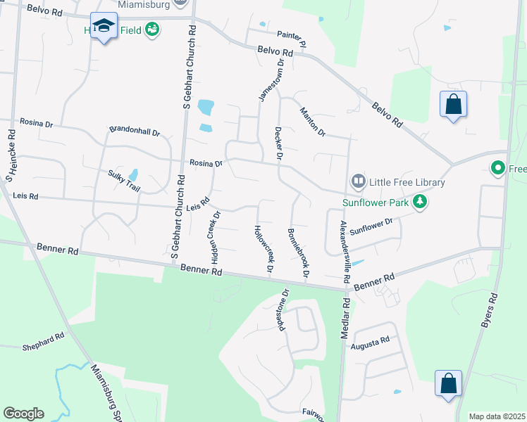 map of restaurants, bars, coffee shops, grocery stores, and more near 2187 Dalton Court in Miamisburg