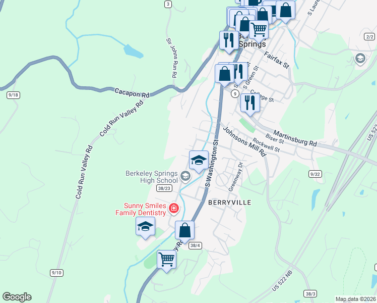 map of restaurants, bars, coffee shops, grocery stores, and more near 15 Touchdown Alley in Berkeley Springs